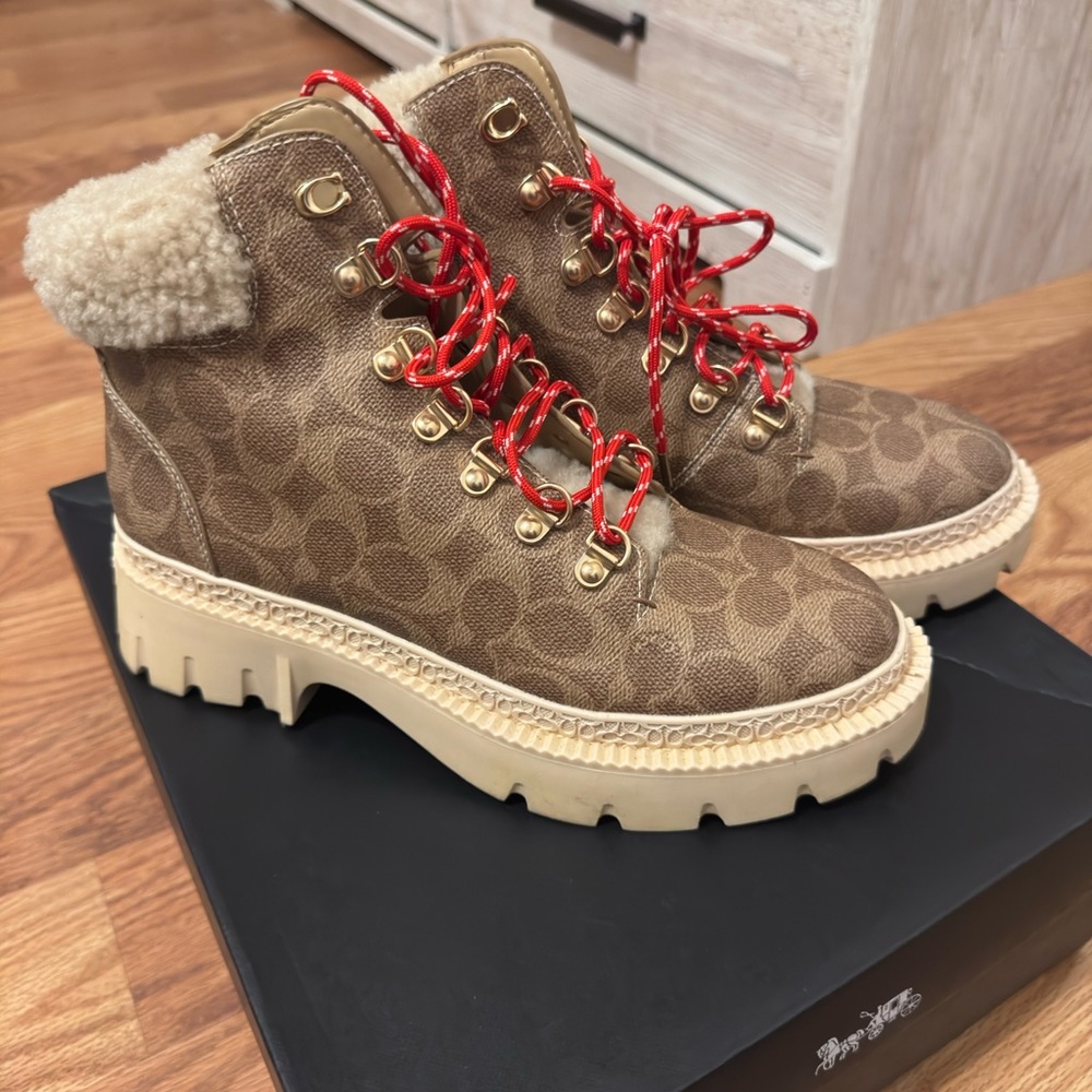 Coach Tan Winter Boots with Red Laces